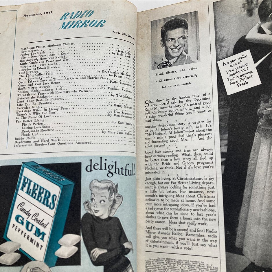Interior page of the VTG Radio Mirror Magazine from November 1947, Volume 28, Issue 6 featuring table of contents, an article highlight with Frank Sinatra, and vintage advertisements, showcasing retro culture.