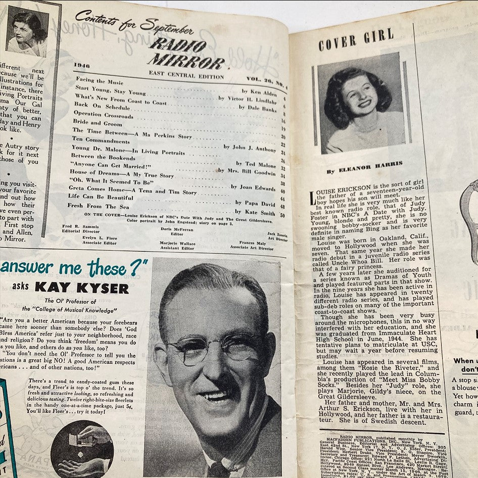 Inside page of VTG Radio Mirror Magazine September 1946, displaying the table of contents and a feature on the cover girl, Louise Erickson.