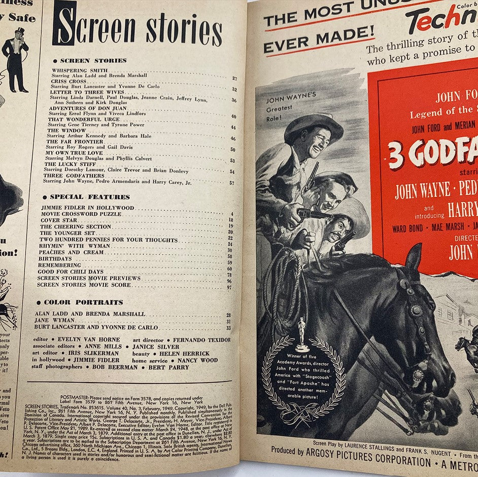 VTG Screen Stories Magazine February 1949 interior pages, displaying the table of contents with various film features and articles related to classic cinema.