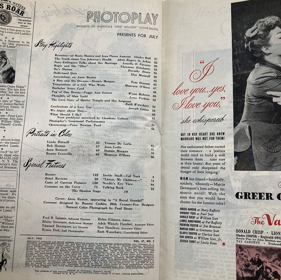 Inside page of the VTG Photoplay Magazine July 1945, displaying contents including articles and features, with a focus on Anne Baxter and film highlights.
