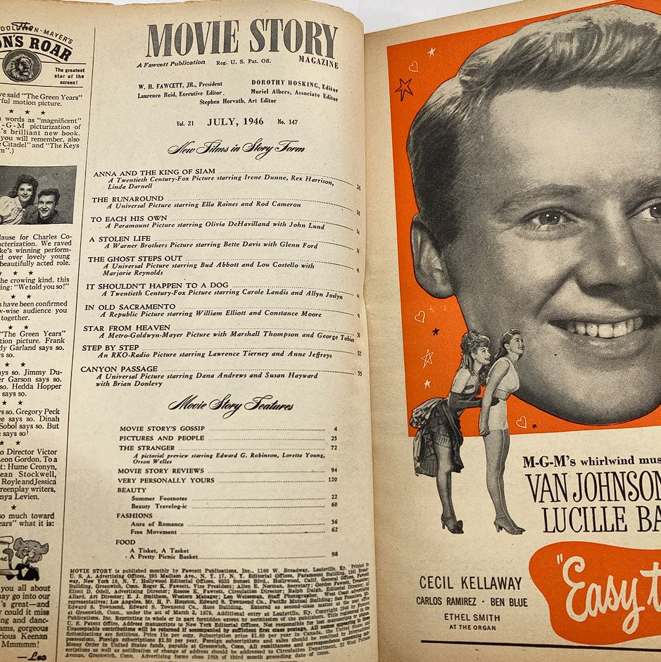 Inside pages of VTG Movie Story Magazine July 1946 Vol 21 #147 displaying articles, images, and a list of featured films, reflecting the charm of vintage movie publications.