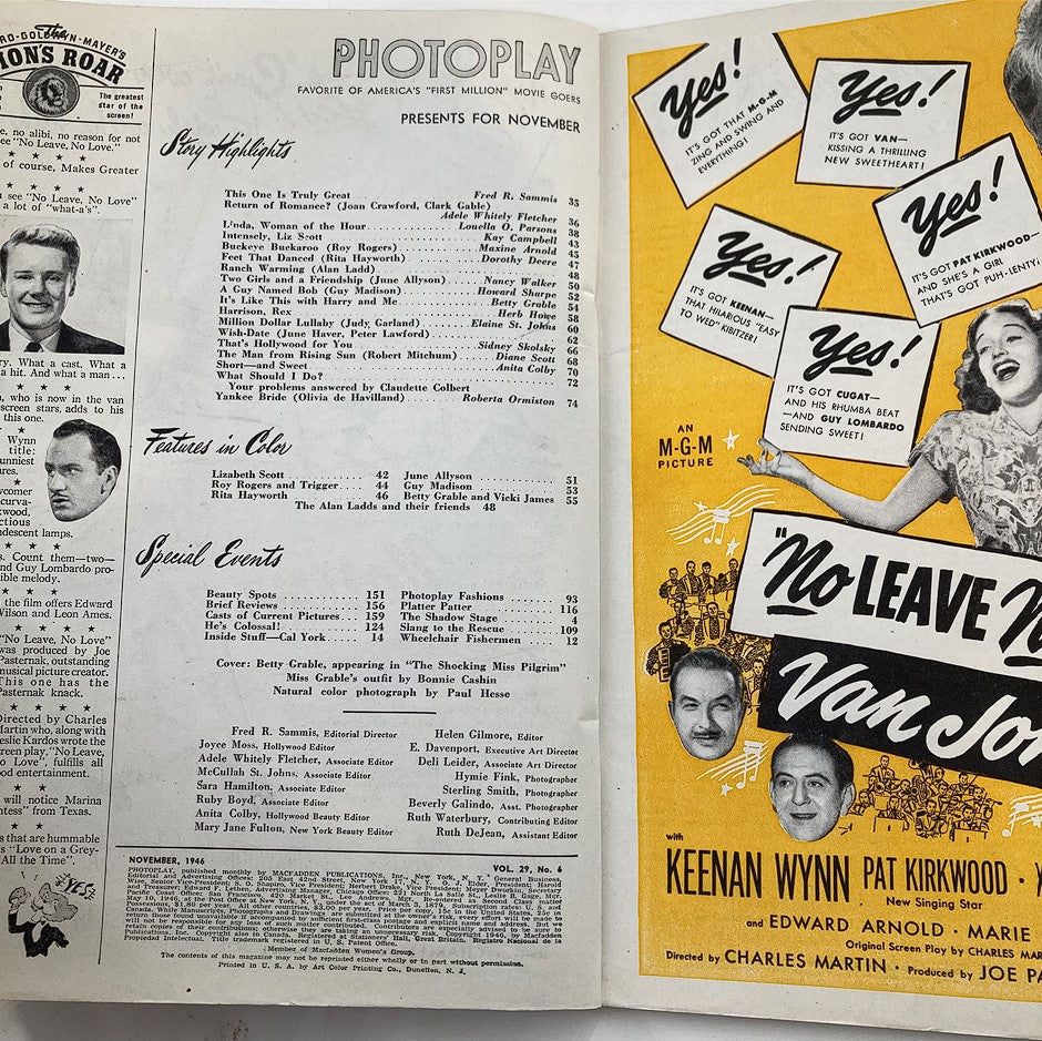 Inside pages of VTG Photoplay Magazine November 1946 displaying film highlights and features, including a mention of Betty Grable and various movie articles from the era.