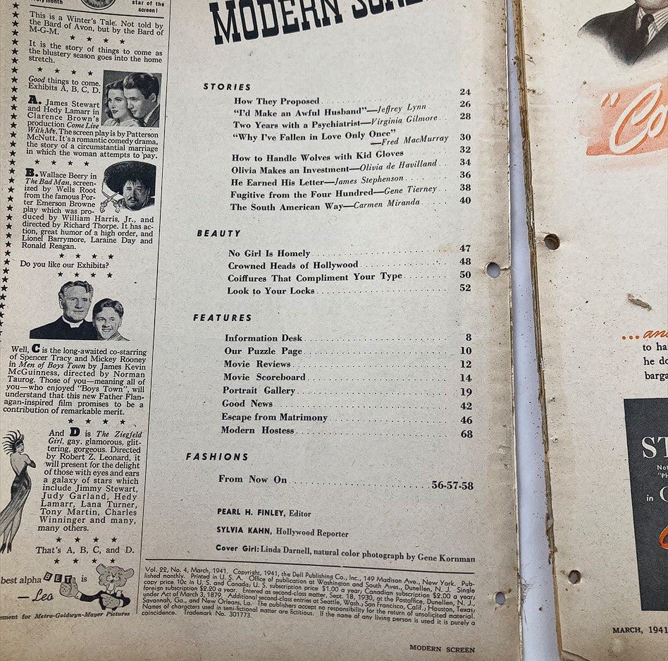 Inside page of VTG Modern Screen Magazine March 1941, displaying contents and featured stories from the era, including beauty tips and Hollywood insights.