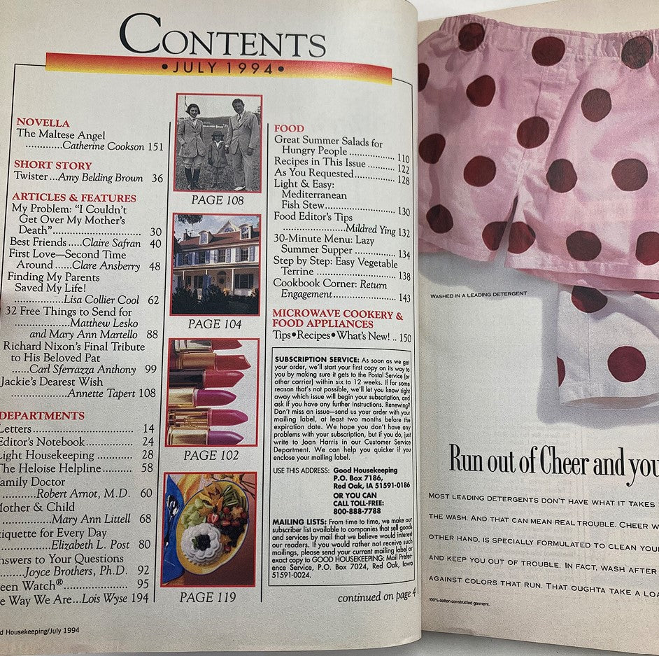 Contents page of Good Housekeeping Magazine July 1994, listing articles and features including recipes and health tips.
