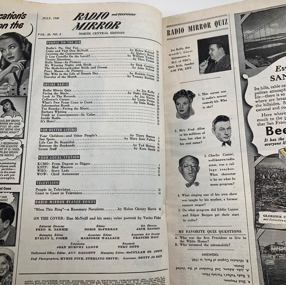 Interior page of July 1948 Radio & TV Mirror Magazine, Vol 30 No 2, featuring articles, quizzes, and advertisements from the late 1940s media landscape.