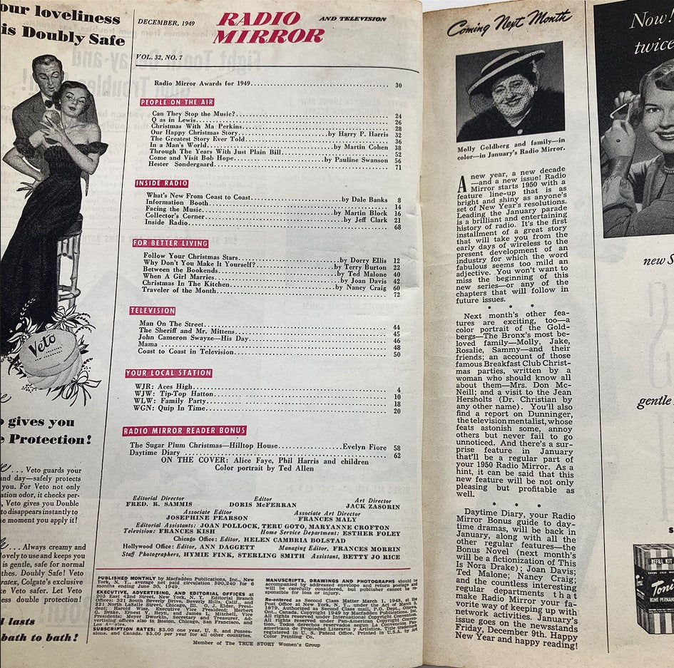 Interior page from August 1949 issue of Radio & TV Mirror Magazine featuring articles and listings, highlighting various programs and features from the late 1940s entertainment era.