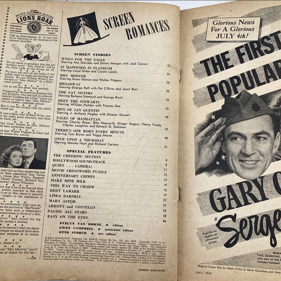 Interior page of VTG Screen Romances Magazine July 1942 featuring articles and stories including 'Wings for the Eagle' and 'Mrs. Miniver', showcasing the era's classic Hollywood film culture.