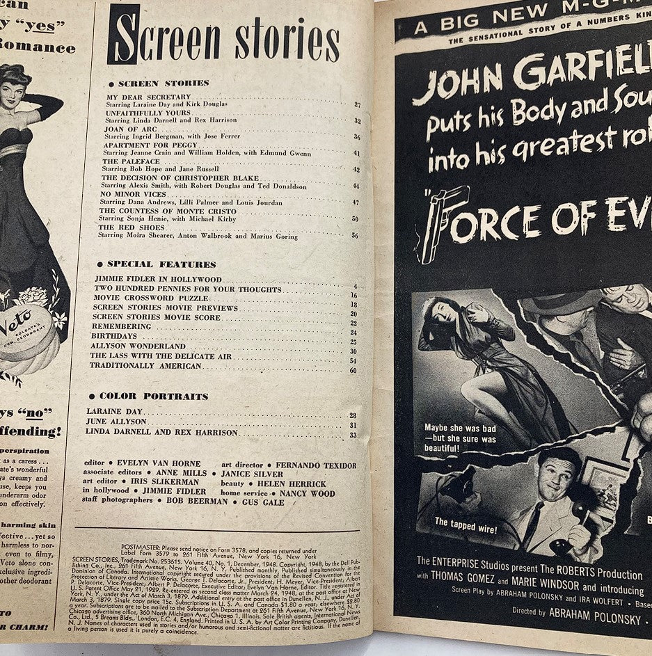 Interior page of Screen Romances Magazine December 1948, displaying content index and features related to classic films, including an article on Joan of Arc starring Ingrid Bergman.