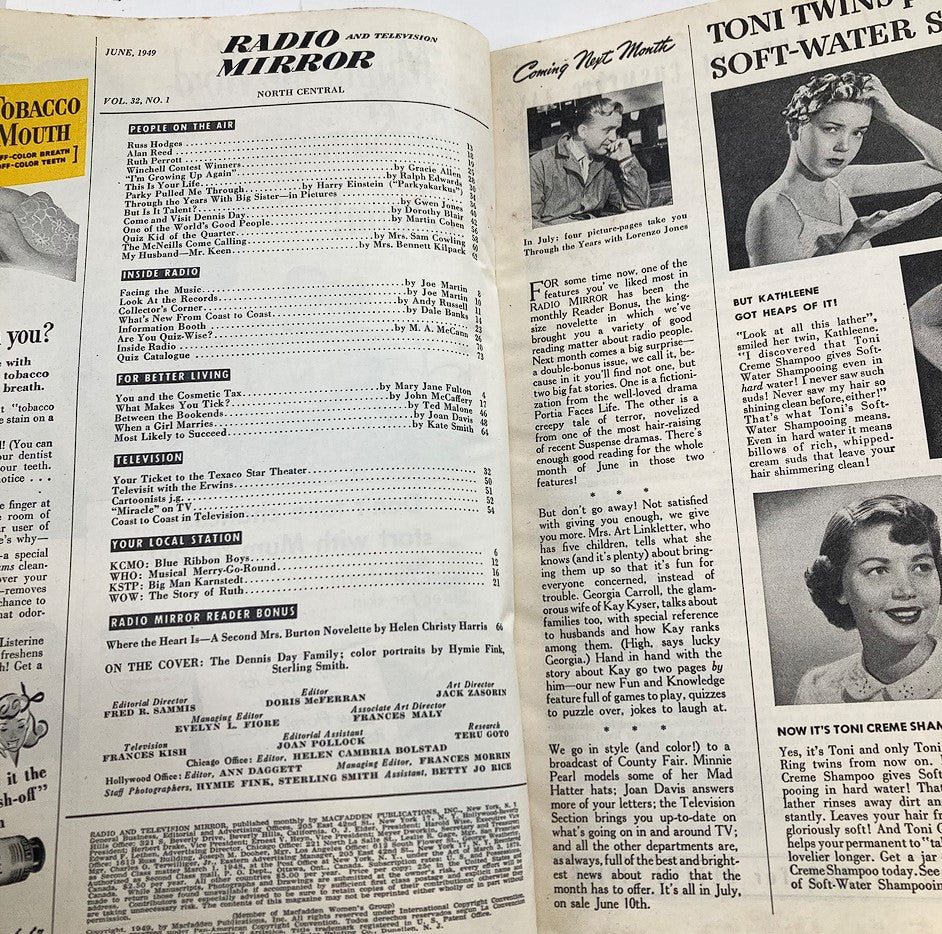 Interior page of VTG Radio & TV Mirror Magazine from June 1949 featuring articles and content about radio and television, showcasing the Dennis Day Family on the cover.