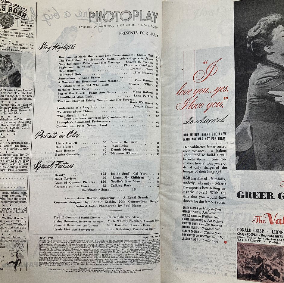 Interior page of VTG Photoplay Magazine July 1945, featuring articles and highlights from classic cinema, includes featured actress Anne Baxter.