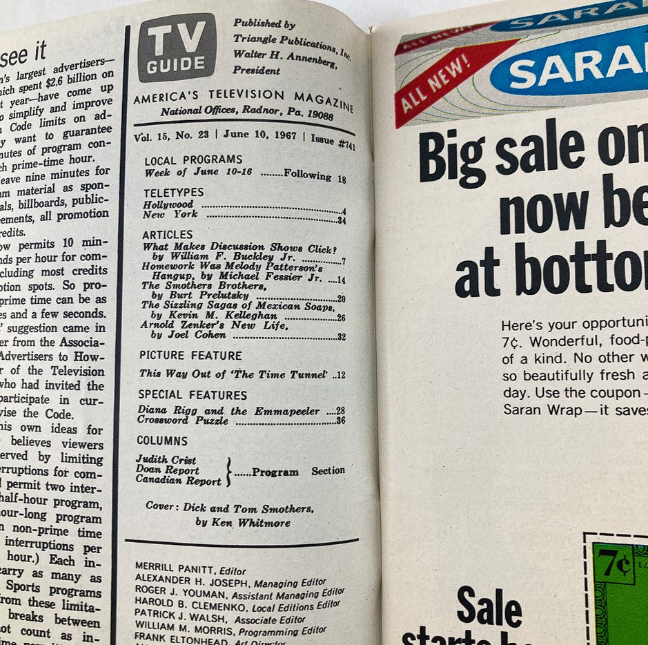 Interior page from VTG TV Guide Magazine June 10 1967 displaying articles, local programs, and details about the Smothers Brothers, reflecting television culture of the 1960s.