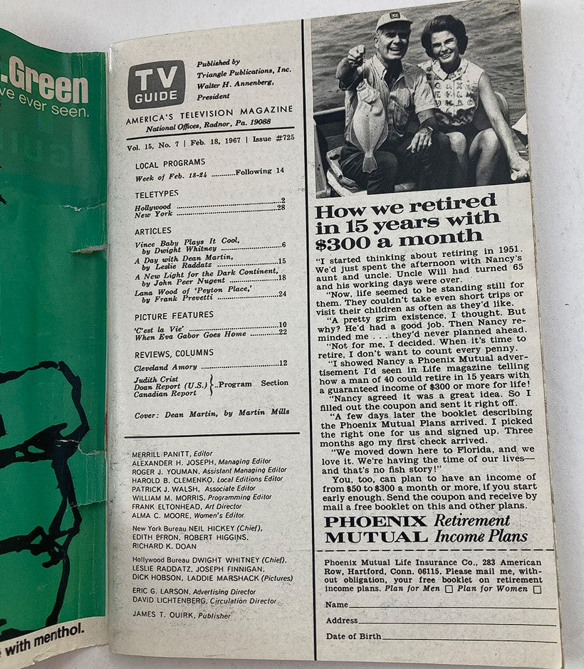 Back cover of VTG TV Guide Magazine February 18 1967 #725 displaying contents and features, including articles, program listings, and an image of Dean Martin.