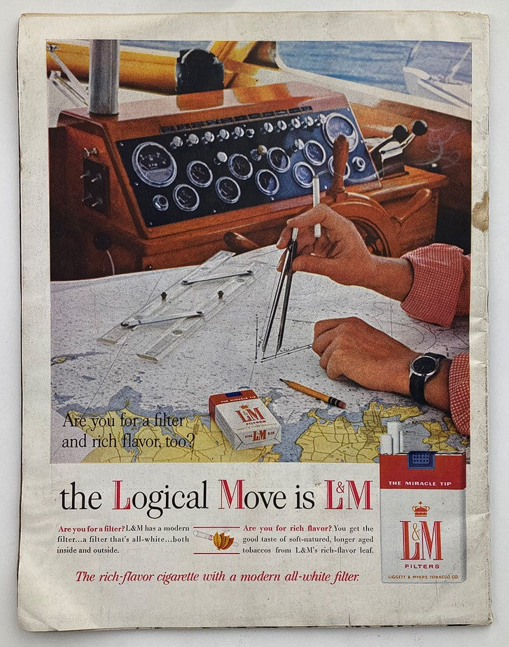 Vintage L&M cigarette advertisement featuring a hand using a compass over a map, with boat controls in the background; linked to VTG Life Magazine August 28 1964 Vol 57 #9 The Beatles.