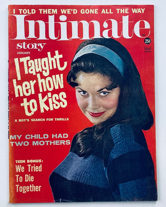 VTG Intimate Story Magazine January 1962 cover featuring the article 'I Taught Her How To Kiss', showcasing a young woman with dark hair and a playful expression.