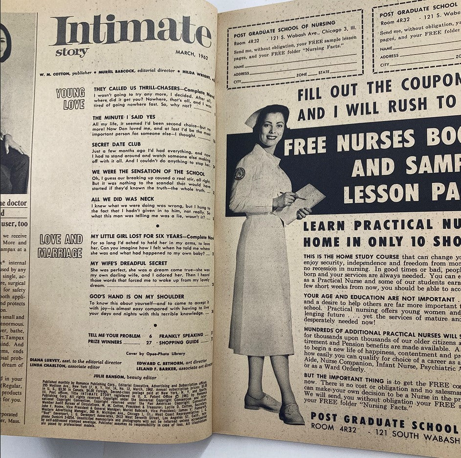 Vintage magazine page from VTG Intimate Story Magazine March 1962 featuring articles and advertisements, including a nurse promoting a free study course. Titled 'All We Did Was Neck,' this publication offers a glimpse into 1960s romance and societal norms.
