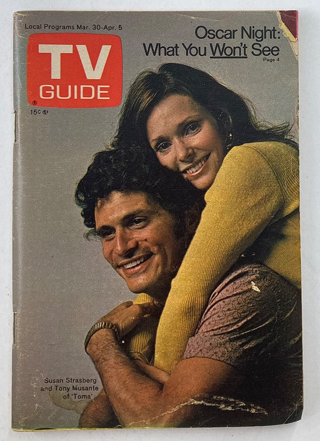 TV Guide Magazine cover from March 30, 1974, issue #1096 featuring Susan Strasberg and Tony Musante. The cover highlights 'Oscar Night: What You Won't See' with a vibrant image of the actors embracing, showcasing vintage television culture of the 1970s.