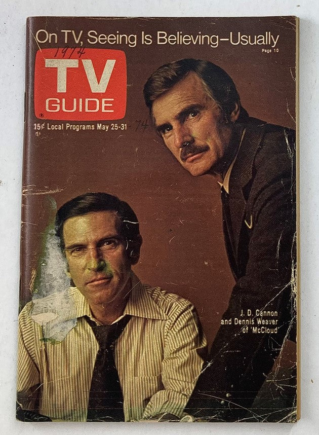 Cover of TV Guide Magazine dated May 25, 1967, featuring J.D. Cannon and Dennis Weaver of McCloud, showcasing vintage television history and programming.