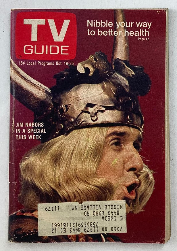 Cover of TV Guide Magazine October 19, 1968 Issue #812 featuring Jim Nabors dressed in costume, promoting health tips. This collectible vintage magazine captures a pivotal moment in television history.