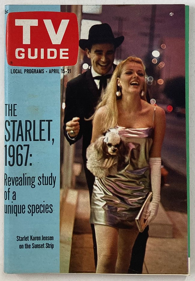 Cover of TV Guide Magazine April 15 1967 featuring stars Karen Jensen and Jeff Scott, showcasing a vintage image of the two on the Sunset Strip.