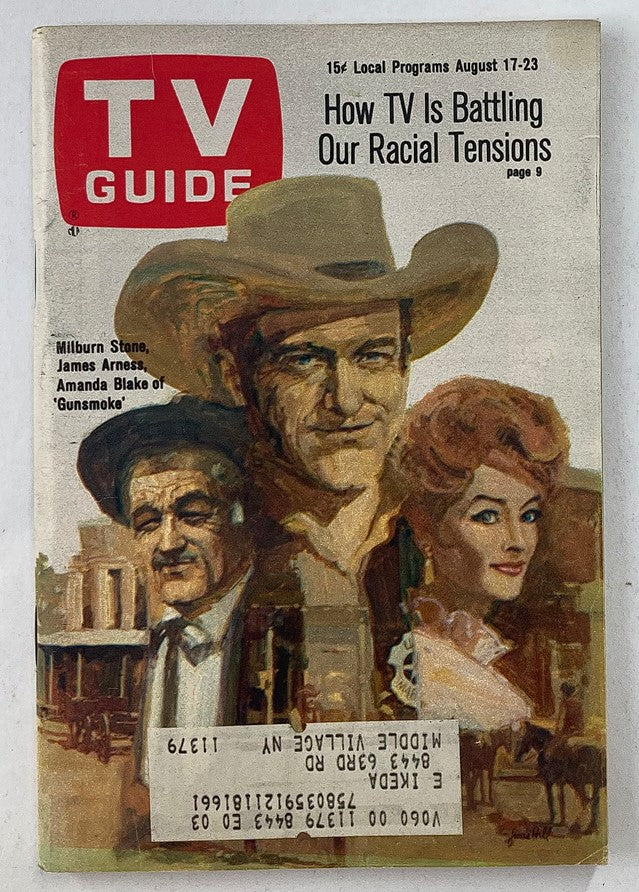 Cover of TV Guide Magazine August 17 1968 featuring Milburn Stone, James Arness, and Amanda Blake from 'Gunsmoke.' This collectible magazine explores television trends of the late 1960s.