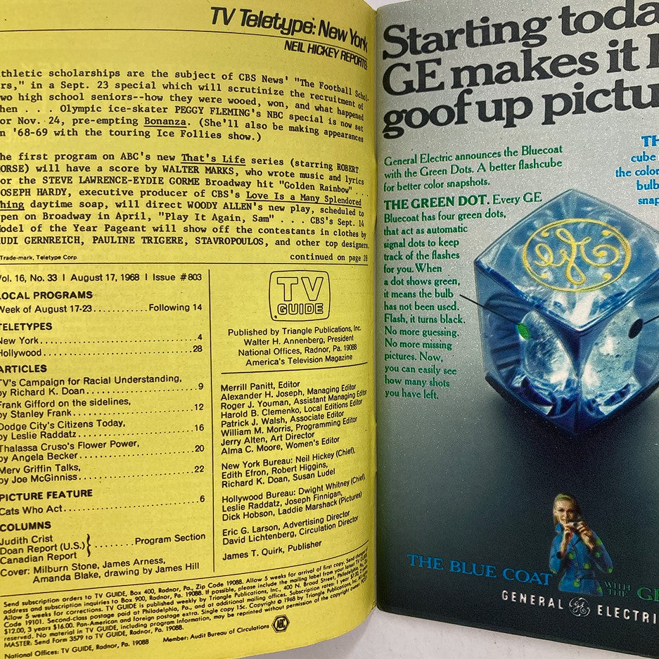 Inside pages of the TV Guide Magazine August 17 1968, issue #803, displaying TV listings, article snippets, and advertisements, featuring Milburn Stone and James Arness.