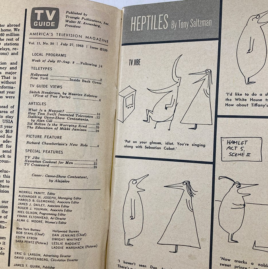 Interior page of TV Guide Magazine July 27 1963 #539 showcasing a cartoon feature titled 'Heptiles' by Tony Saltzman, alongside an article about game-show contestants.