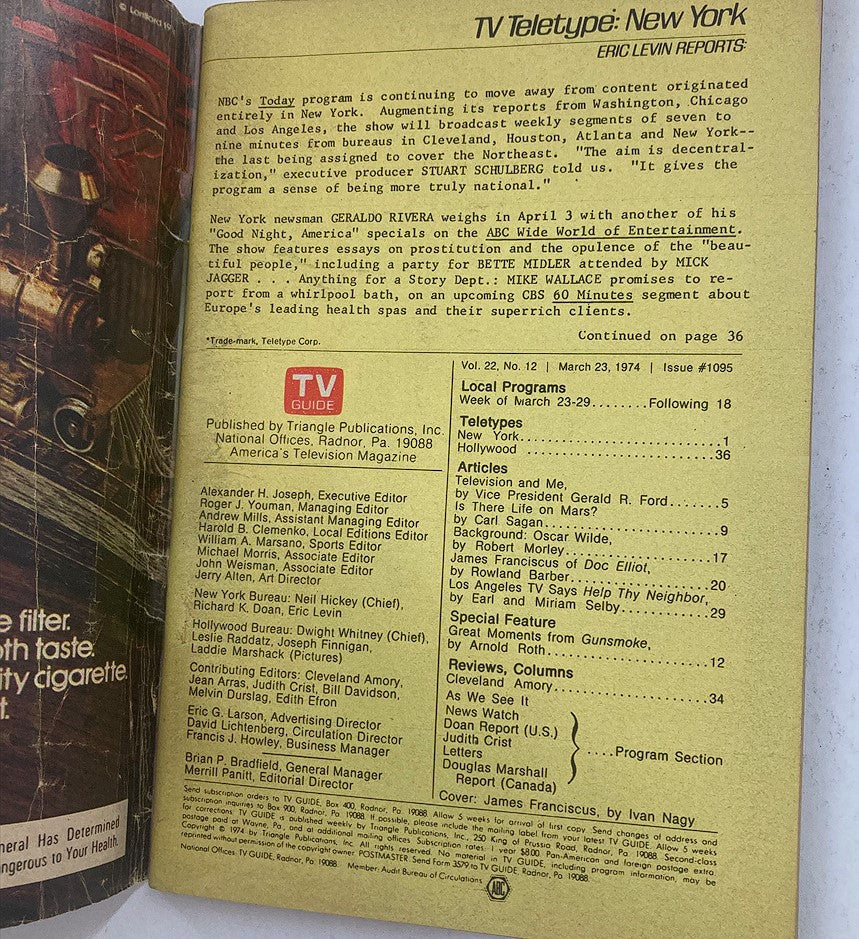 Interior page of TV Guide Magazine March 23 1974 Issue #1095, containing articles and TV listings, reflecting classic television history.