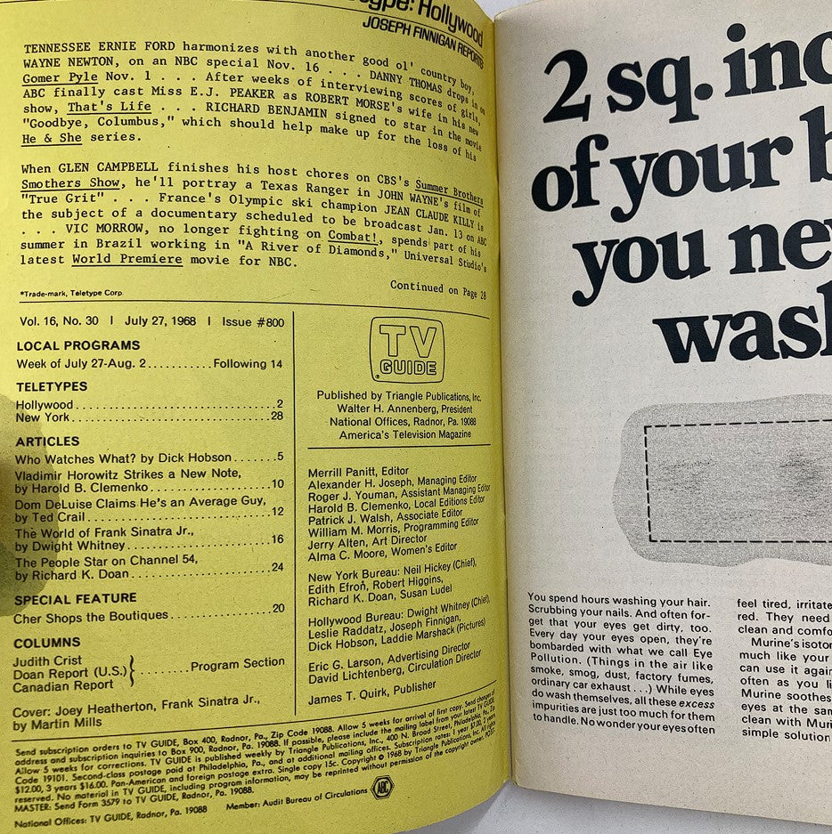 Inside spread of TV Guide Magazine July 27, 1968, including articles and local program listings with Joey Heatherton and Frank Sinatra Jr. featured.