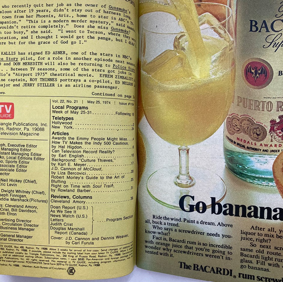 Inside page of TV Guide Magazine dated May 25, 1967, featuring programming highlights and articles, showcasing a cocktail glass with Bacardi rum advertisement, enhancing the vintage television nostalgia.