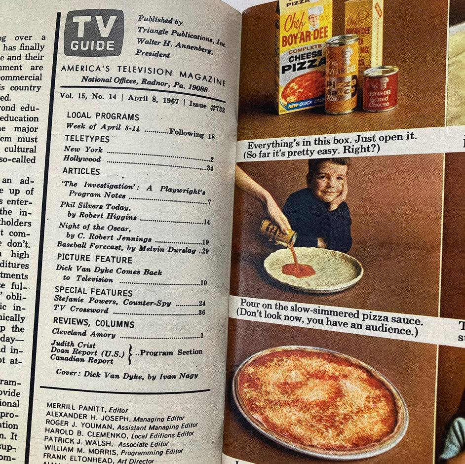 Inside page of TV Guide Magazine April 8, 1967, showcasing articles and features including Dick Van Dyke's return to television.