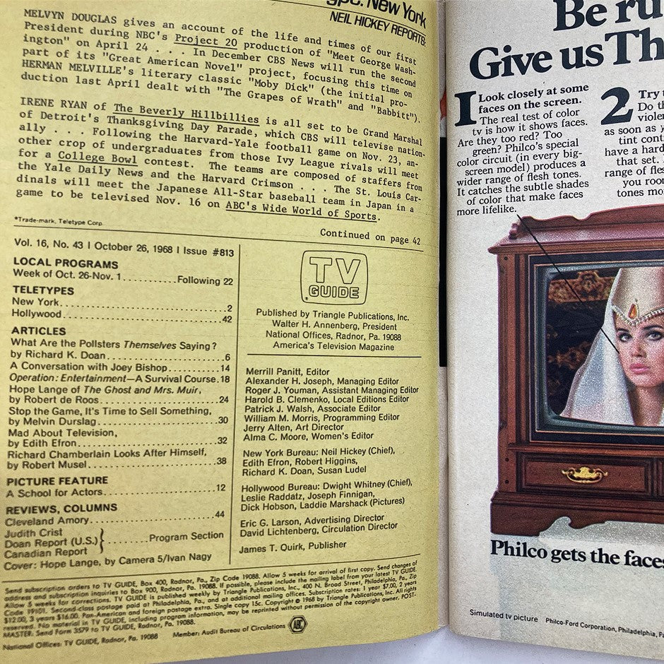 Interior pages of TV Guide Magazine October 26 1968 Issue #813, detailing local programs and articles from a transformative era in television history.