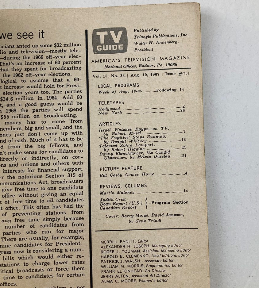 Inside page of TV Guide Magazine August 19, 1967, issue #751 displaying the contents, including articles and features. Cover includes Barry Morse and David Janssen as noted by Gene Trindl.