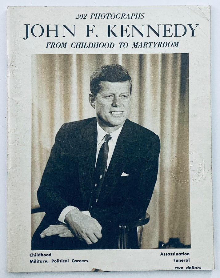 VTG 1963 John F. Kennedy From Childhood to Martyrdom and Assassination, featuring a black and white portrait of JFK in a suit, representing his early life and legacy.