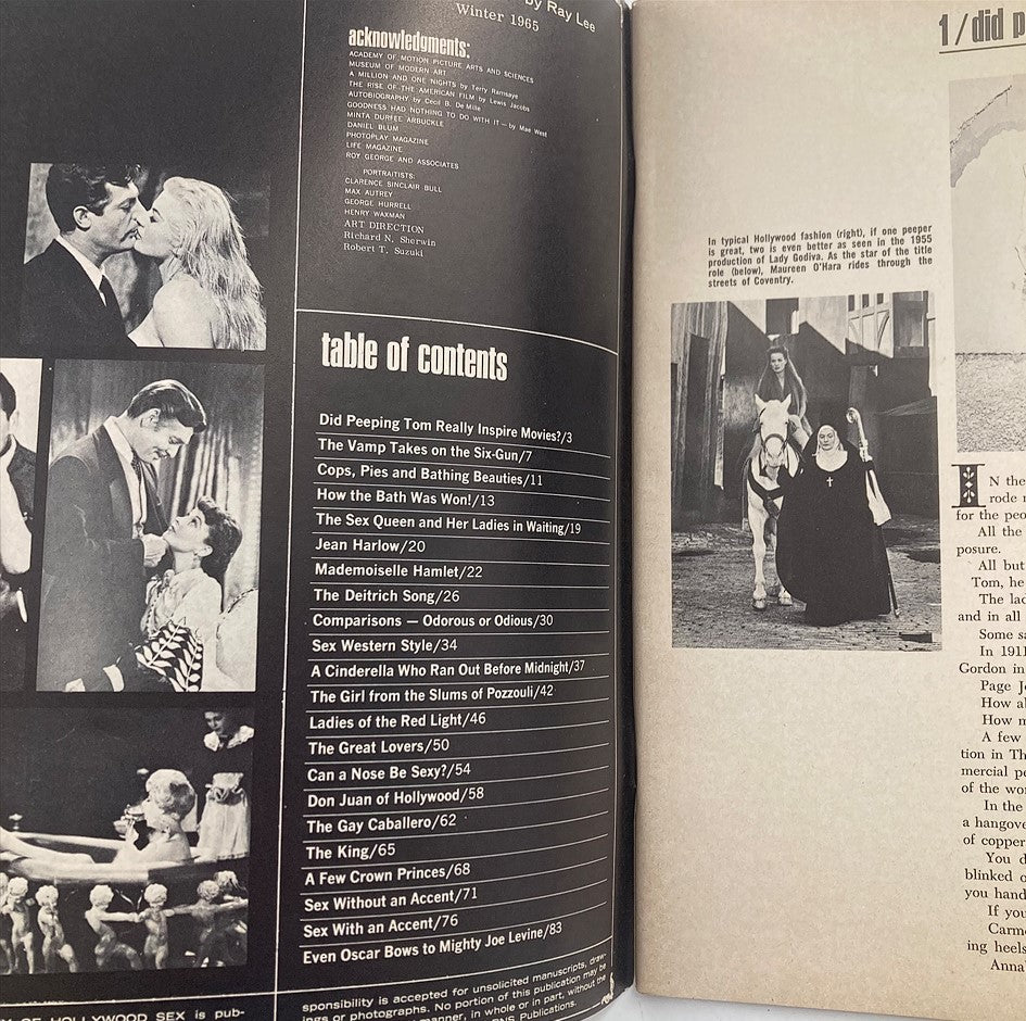 Interior page of VTG Winter 1965 A Pictorial History of Hollywood Sex showcasing acknowledgments and table of contents, including articles on cinematic history and famous figures in Hollywood.