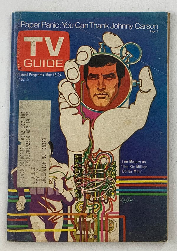 TV Guide Magazine May 18 1974 Issue #1103 featuring Lee Majors on the cover, illustrated cover art showcasing vibrant colors and a retro design, associated with the TV show 'The Six Million Dollar Man.'
