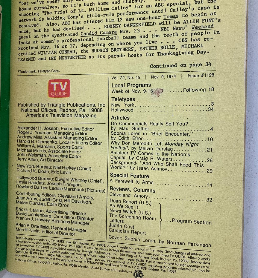 Back cover of TV Guide Magazine November 9 1974 Issue #1128, detailing local programs and articles including features on Sophia Loren. This page highlights the publication's editorial staff and contents, encapsulating the nostalgic essence of vintage television magazines.
