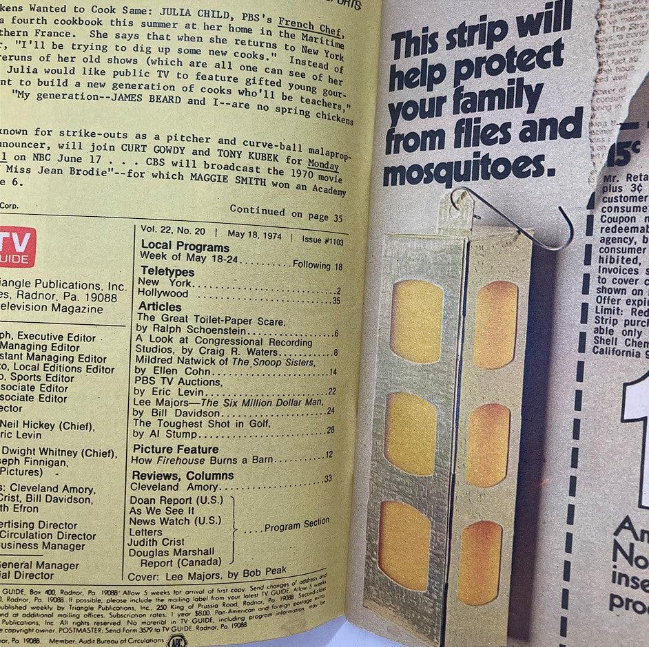 Inside page of the TV Guide Magazine May 18 1974 Issue #1103 with local program listings for the week, articles on television, and advertisements, including a mention of Lee Majors in 'The Six Million Dollar Man.'