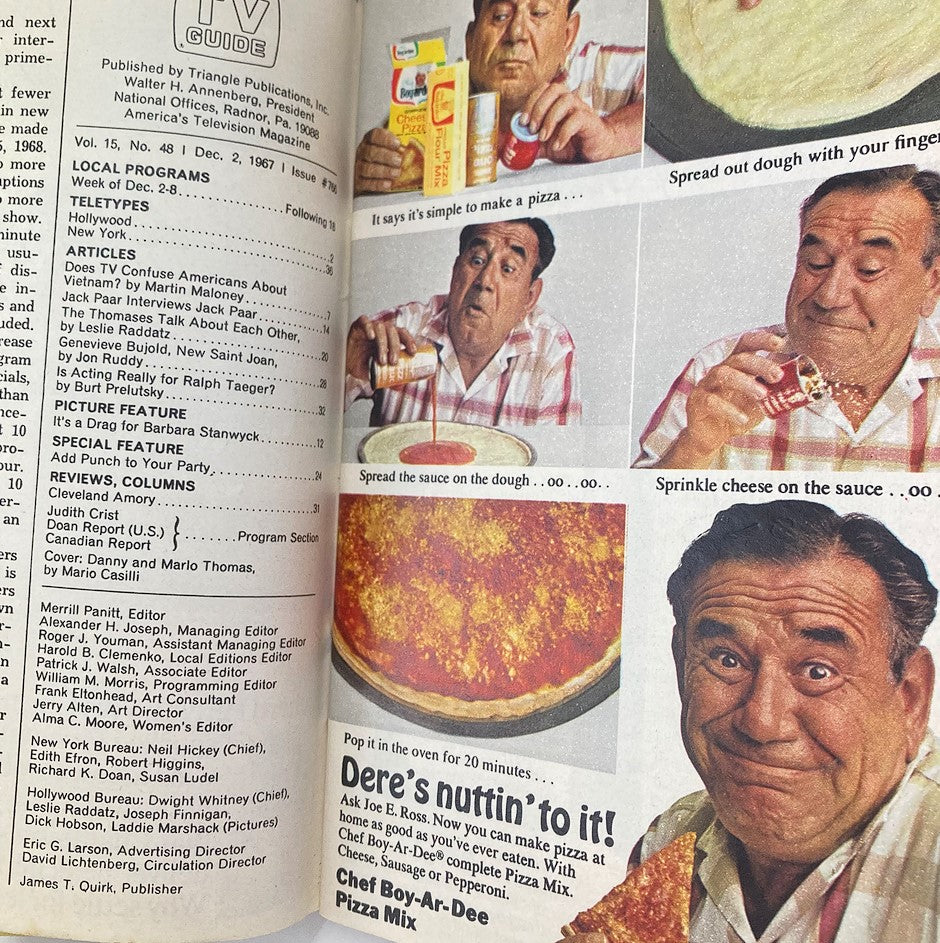 An inside feature from TV Guide Magazine December 2 1967 showing a cooking demonstration with Chef Boy-Ar-Dee Pizza Mix, highlighting easy pizza preparation.