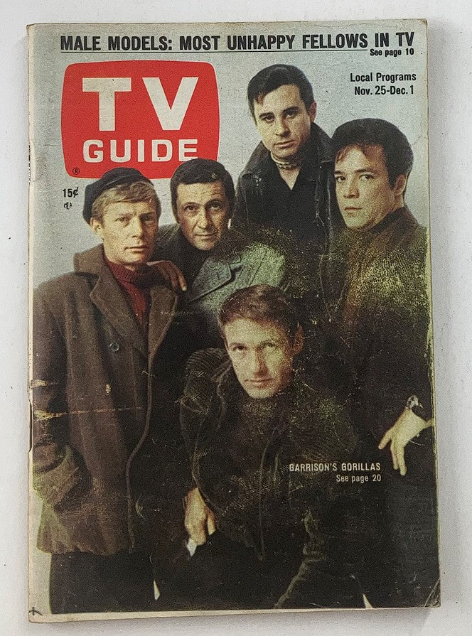 Cover of TV Guide Magazine from November 25, 1967 featuring Garrison's Gorillas with actors posing together.