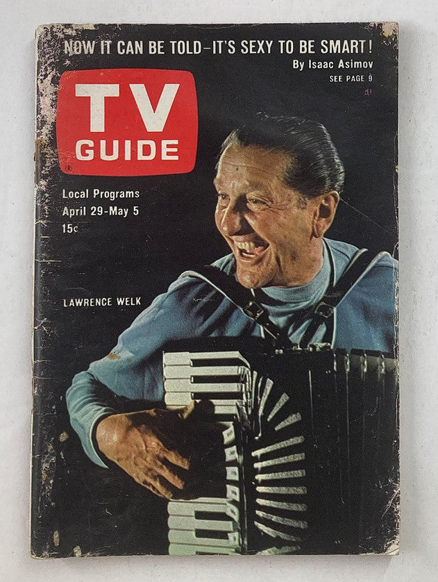 Cover of TV Guide Magazine from April 29, 1967 featuring Lawrence Welk, known for his music, smiling while playing the accordion.