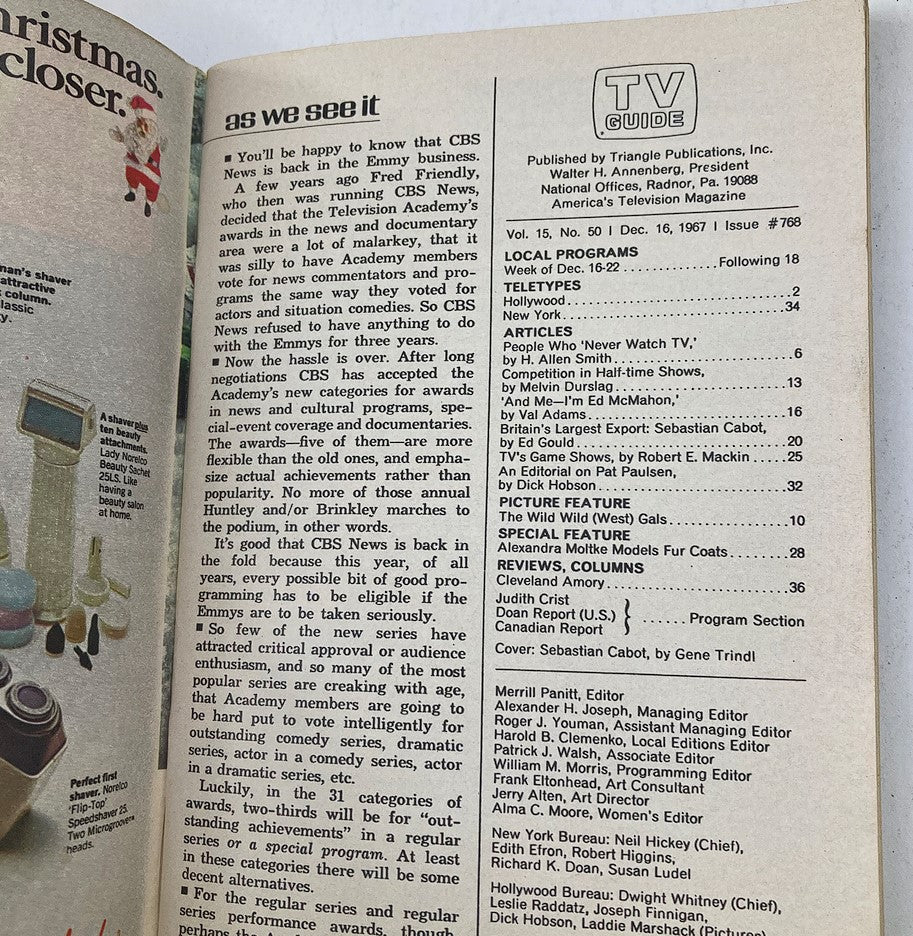 Interior page of TV Guide Magazine December 16 1967, detailing articles, local programs, and features including a conversation with Sebastian Cabot.