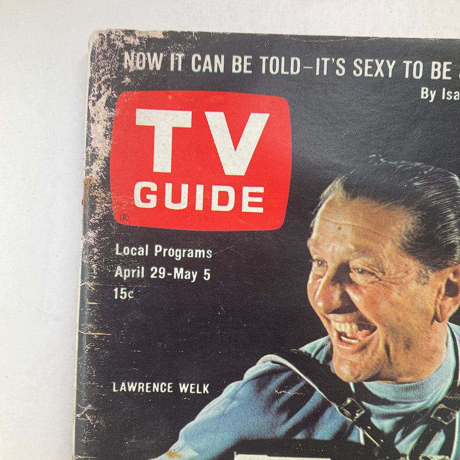 Close-up of the TV Guide Magazine from April 29, 1967 showcasing Lawrence Welk with a cheerful expression, highlighting the headline 'Local Programs'.
