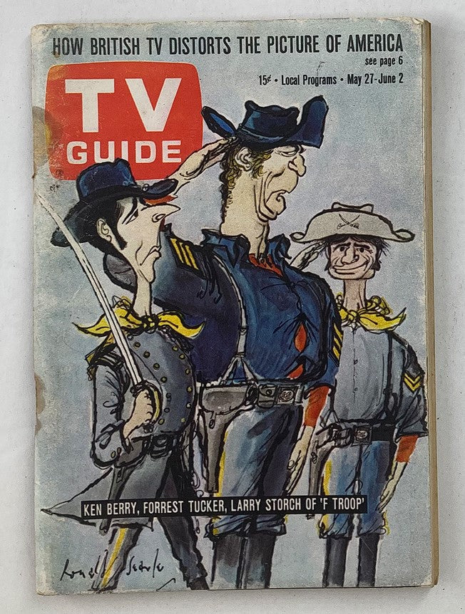 Cover of TV Guide Magazine May 27, 1967 featuring caricatures of Ken Berry, Forrest Tucker, and Larry Storch from the TV show 'F Troop', highlighting the cultural vibe of 1960s television.