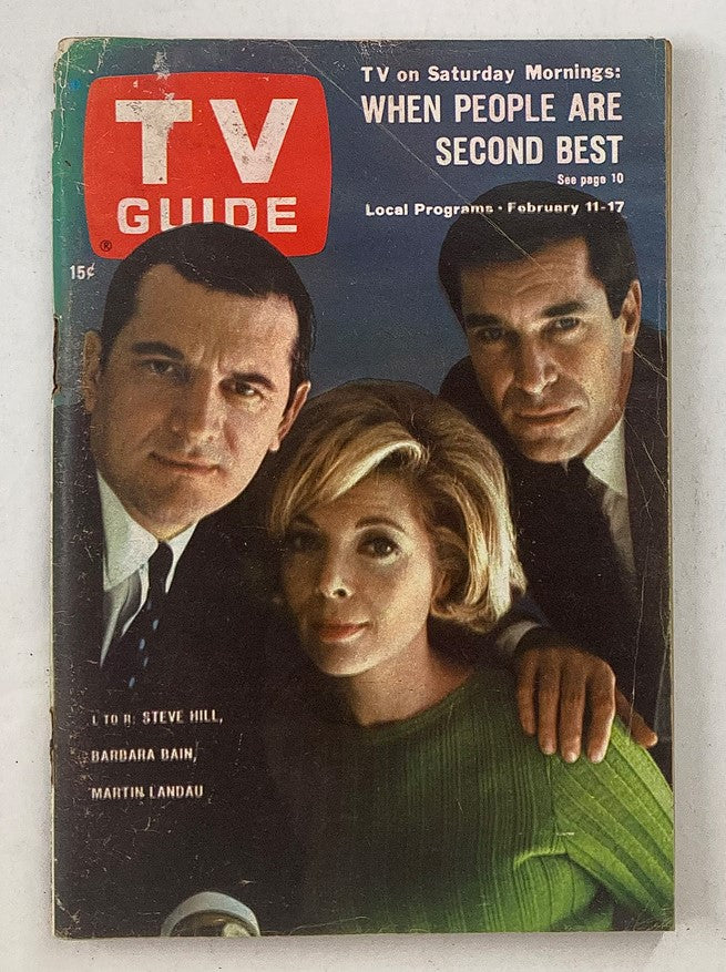 Cover of TV Guide Magazine February 11, 1967 featuring Steven Hill, Barbara Bain, and Martin Landau. The magazine highlights TV programming and local shows from February 11-17.