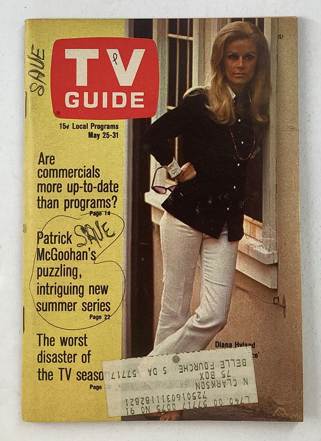 TV Guide Magazine May 25 1968 cover featuring actress Diana Hyland, highlighting articles on commercials, Patrick McGoohan's new summer series, and the worst TV disaster of the season.
