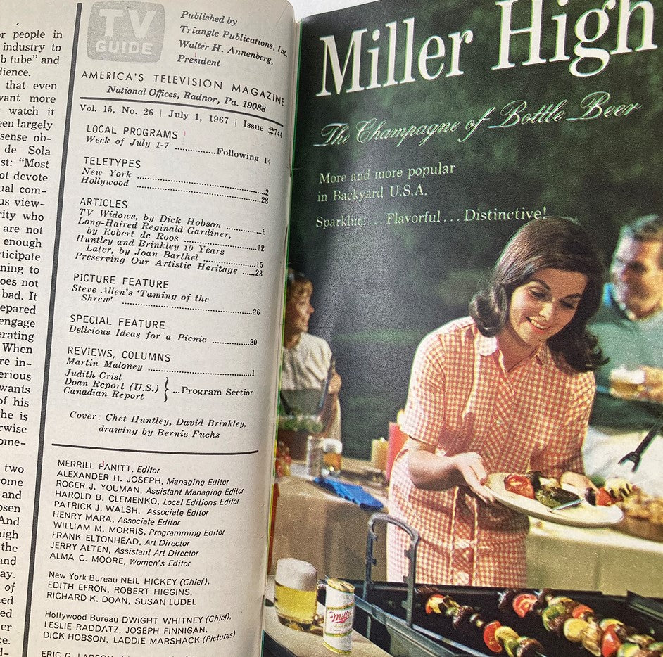 Interior page of TV Guide Magazine July 1 1967 displaying articles and advertisements, including a feature on Miller High beer with a woman serving food.