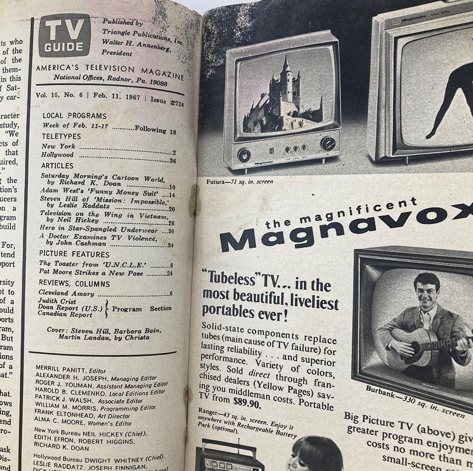 Interior page of TV Guide Magazine February 11, 1967 displaying local program listings and articles, including details about Steven Hill, Barbara Bain, and Martin Landau.