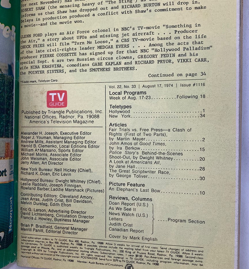 Interior page of TV Guide Magazine August 17, 1974 detailing table of contents, articles including 'Fair Trials vs. Free Press', and publication credits.