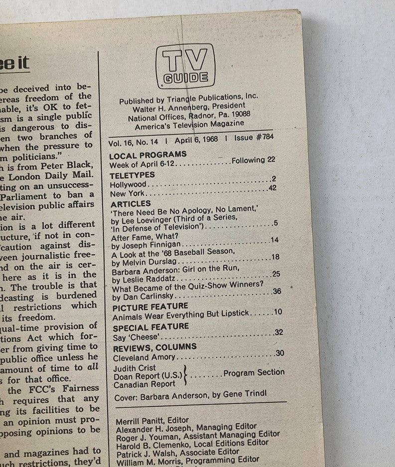 Inside page of TV Guide Magazine April 6 1968, detailing local programs and articles related to television history.