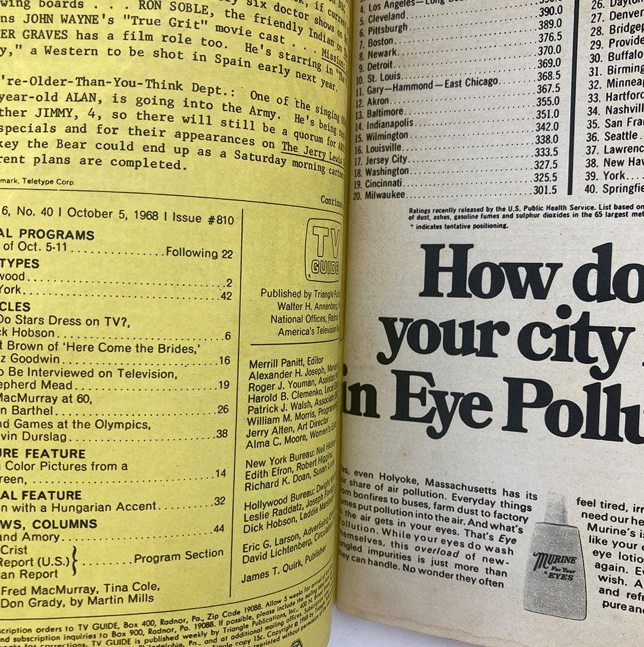 Interior page of TV Guide Magazine, October 5, 1968, showing program listings, articles, and features alongside advertisements, encapsulating television culture from the late 1960s.